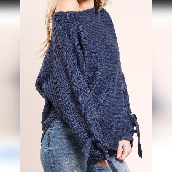 Onetheland Lace Up Arm Dolman Sleeve 100% Acryliv Beige Knit Sweater Size M - Picture 13 of 14